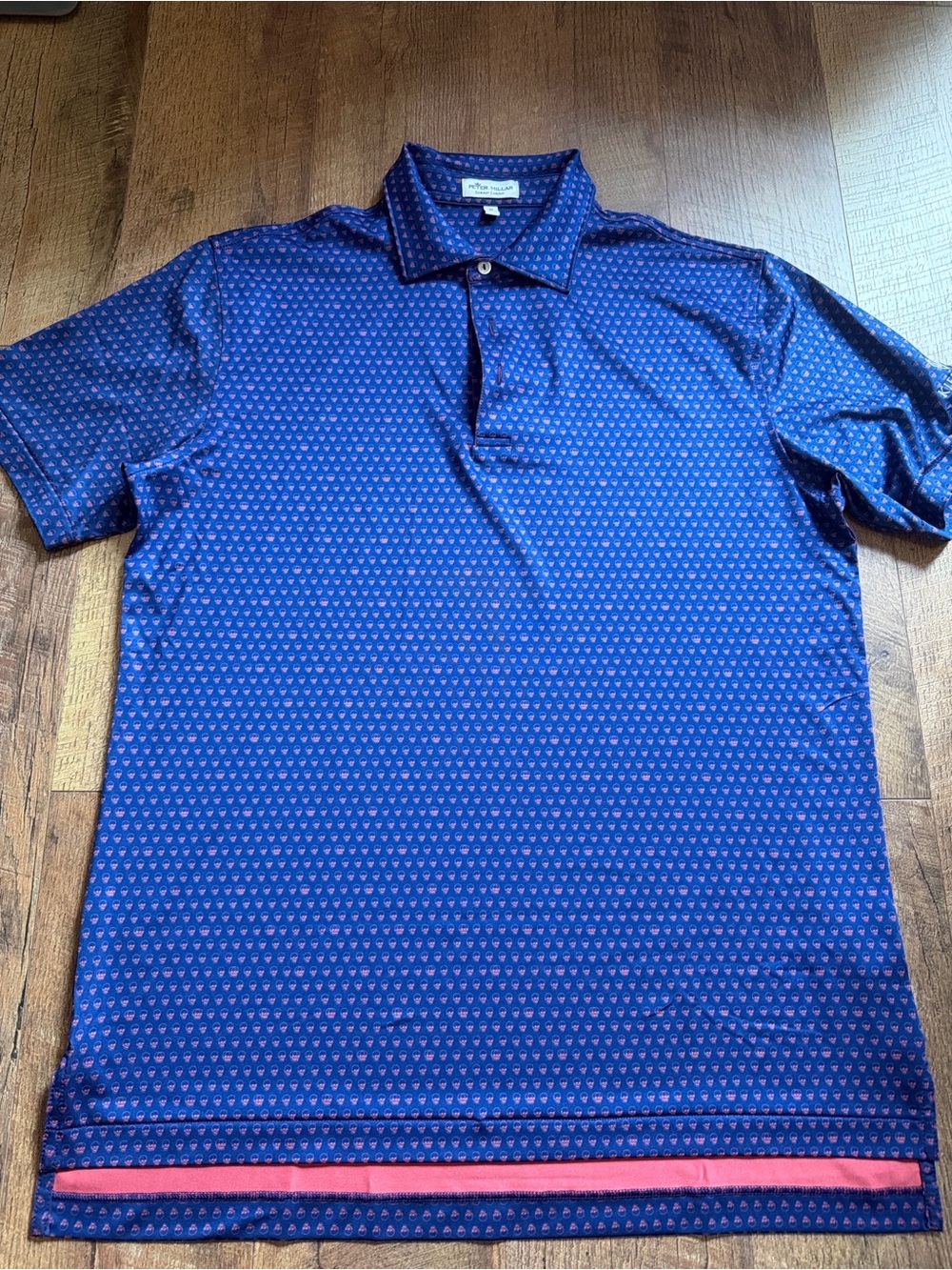 Peter Millar Navy Blue Micro-Print Polo with Pink Accent